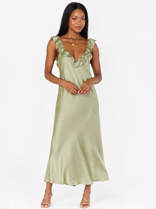 Show Me Your MuMu Dresses & Skirts - Show Me Your Mumu Serene Slip Dress Moss Green Luxe Satin Ruffle Midi Size XS